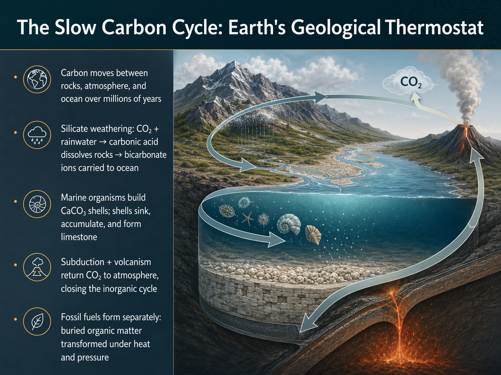 The Slow Carbon Cycle: Earth's Geological Thermostat