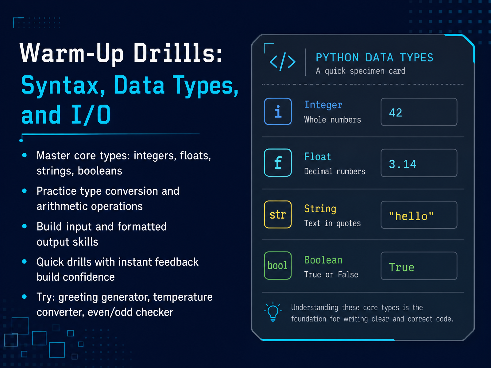 Warm-Up Drills: Syntax, Data Types, and I/O