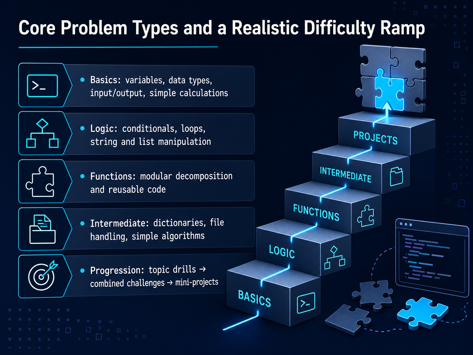 Core Problem Types and a Realistic Difficulty Ramp