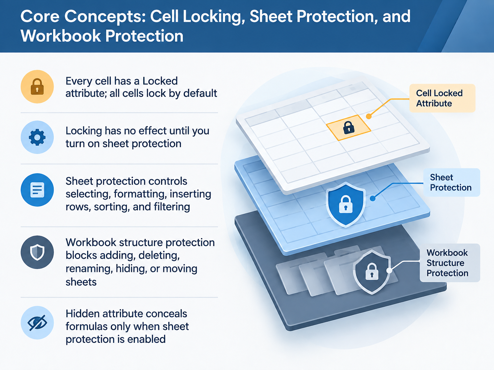 Core Concepts: Cell Locking, Sheet Protection, and Workbook Protection