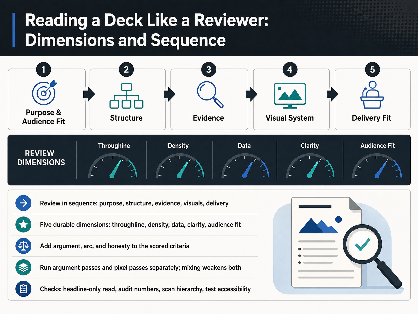 Reading a Deck Like a Reviewer: Dimensions and Sequence