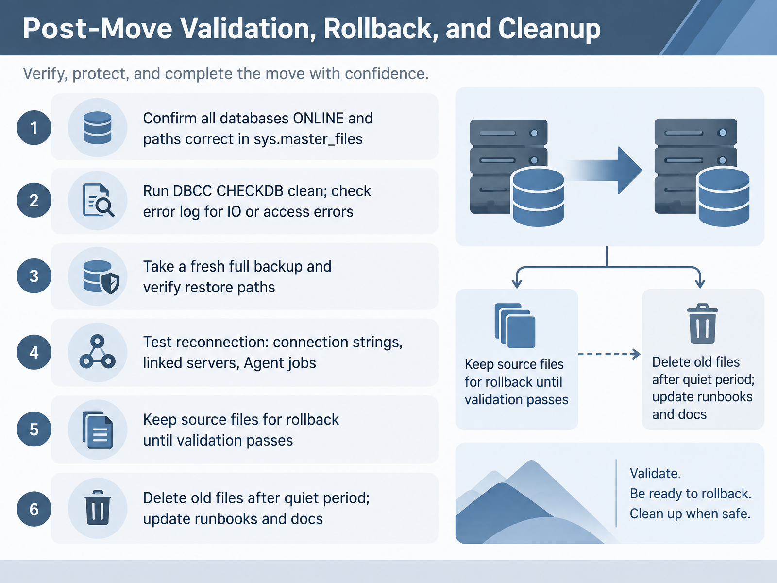 Post-Move Validation, Rollback, and Cleanup