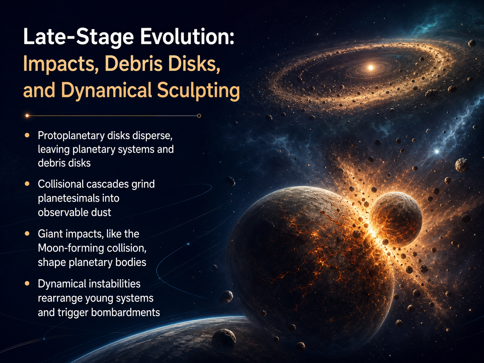 Late-Stage Evolution: Impacts, Debris Disks, and Dynamical Sculpting