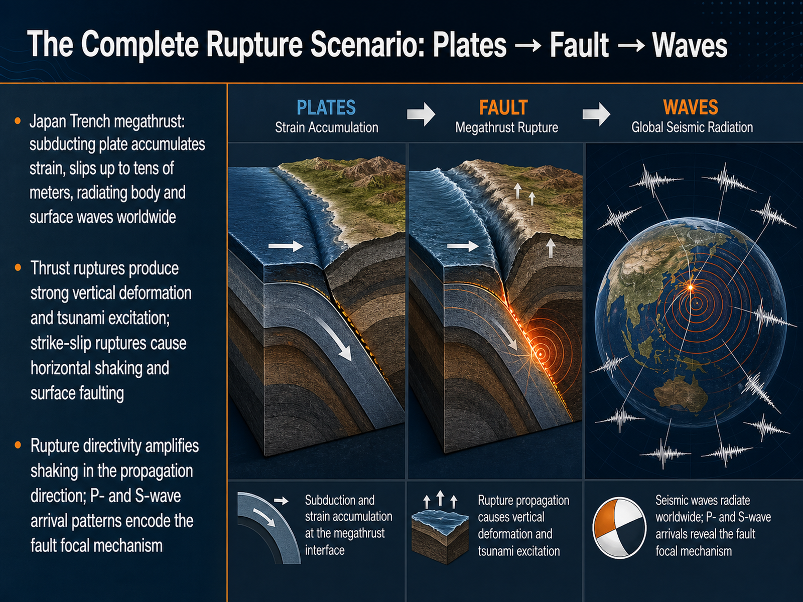 The Complete Rupture Scenario: Plates → Fault → Waves