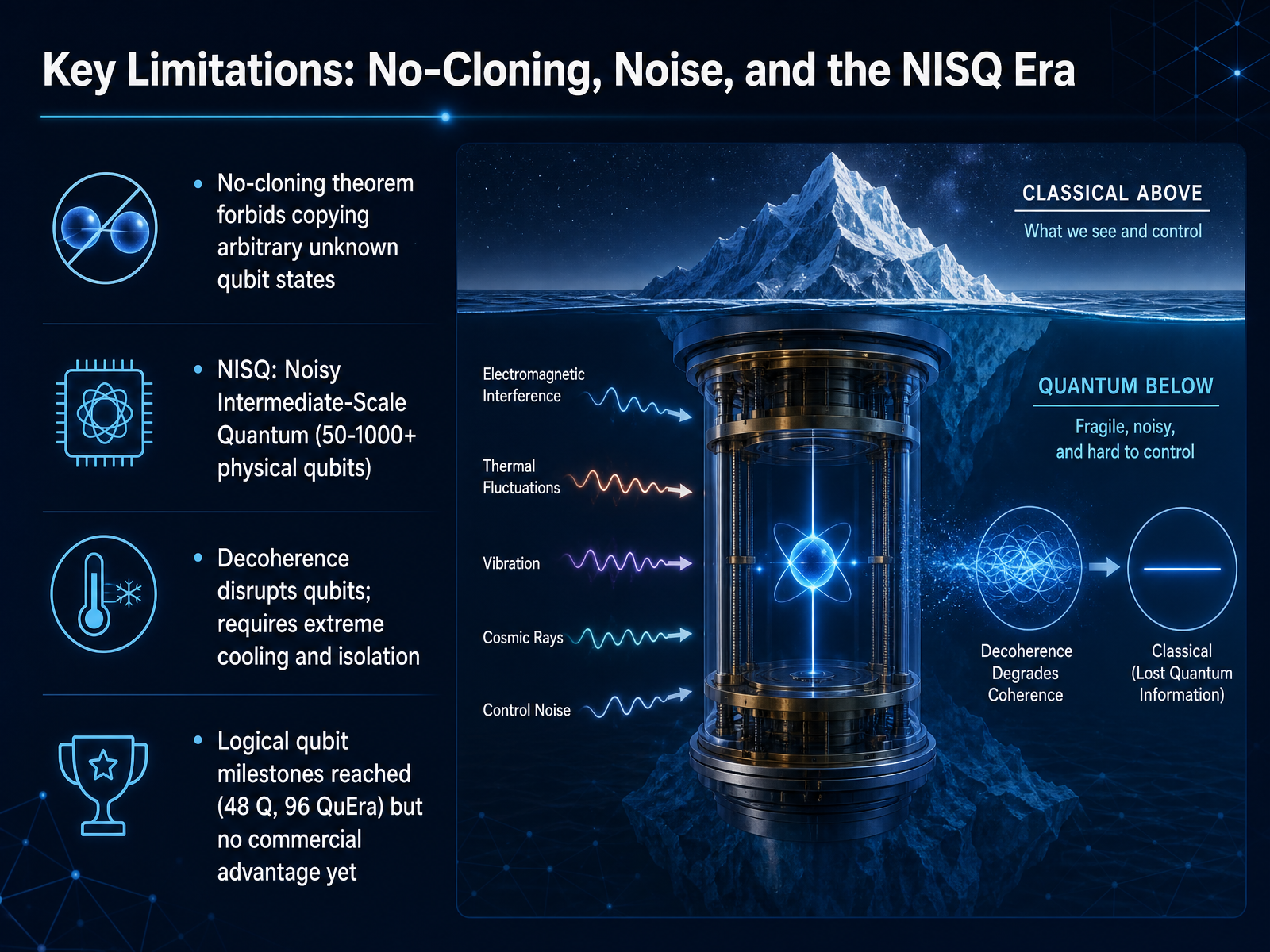 Key Limitations: No-Cloning, Noise, and the NISQ Era