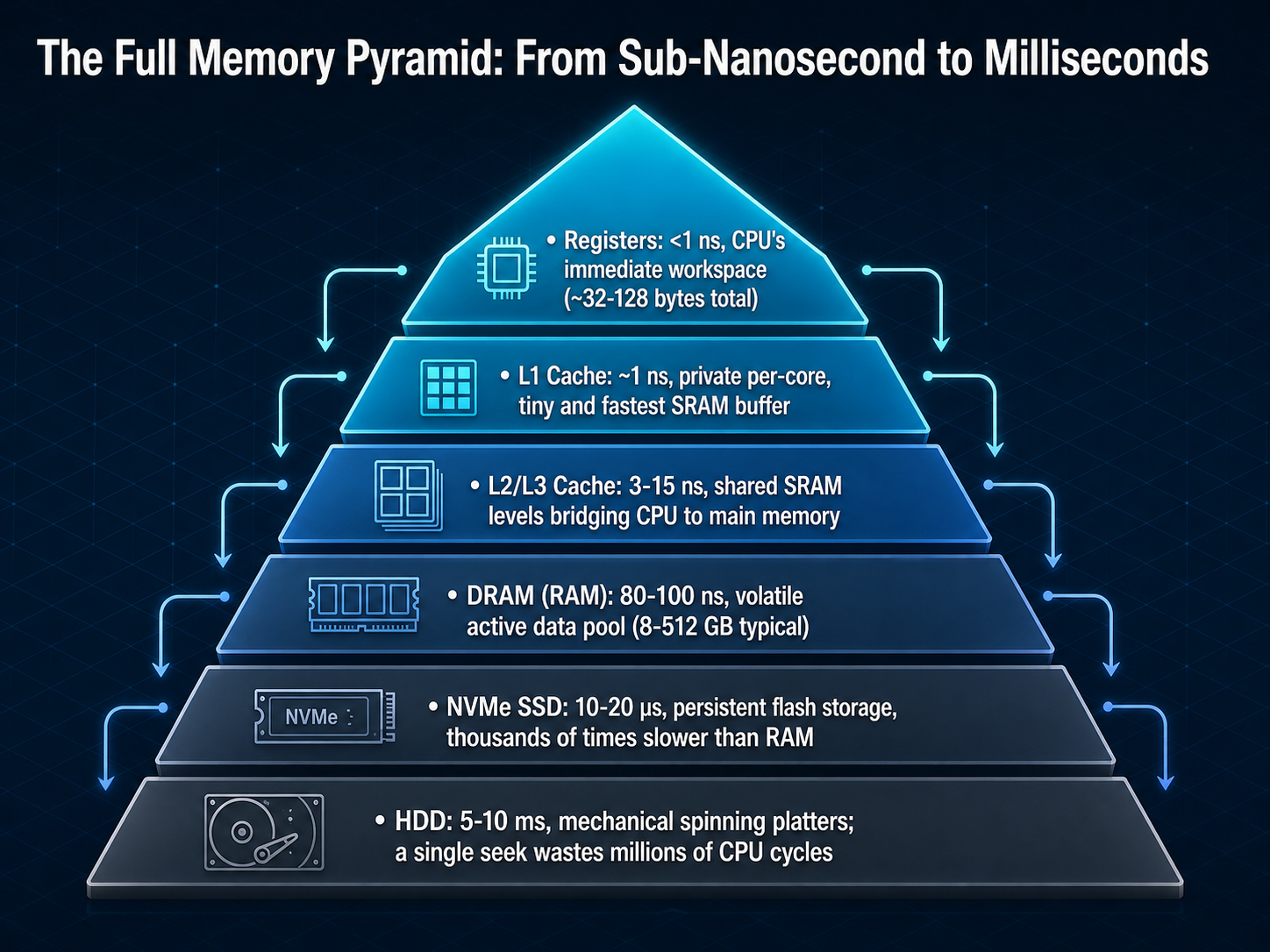 The Full Memory Pyramid: From Sub‑Nanosecond to Milliseconds