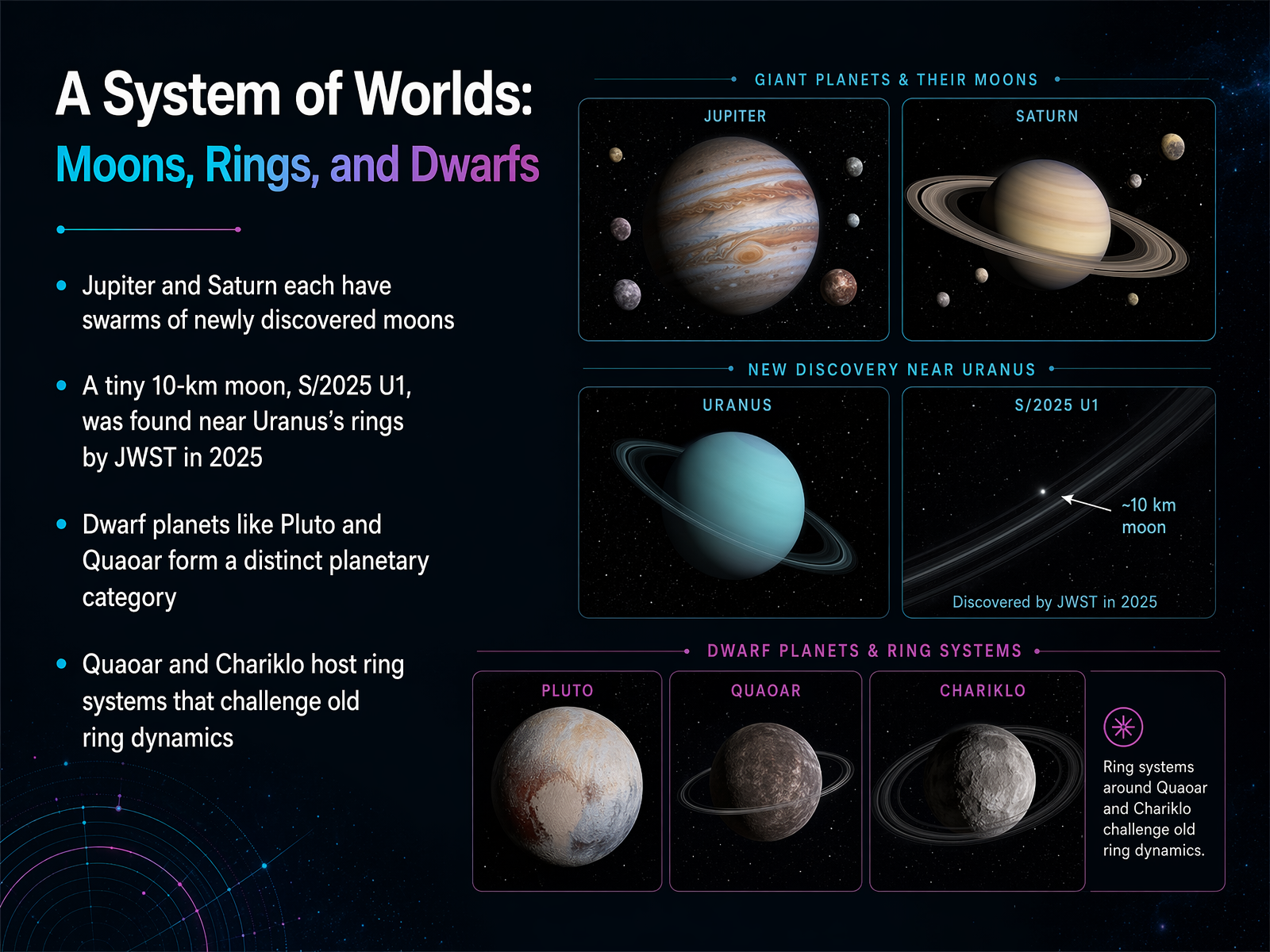 A System of Worlds: Moons, Rings, and Dwarfs