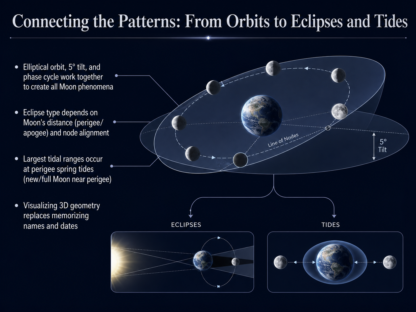 Connecting the Patterns: From Orbits to Eclipses and Tides