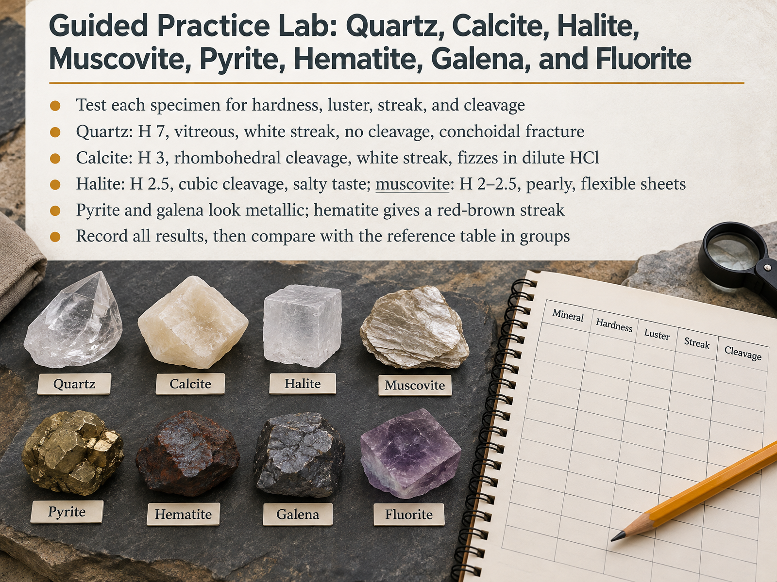 Guided Practice Lab: Quartz, Calcite, Halite, Muscovite, Pyrite, Hematite, Galena, and Fluorite