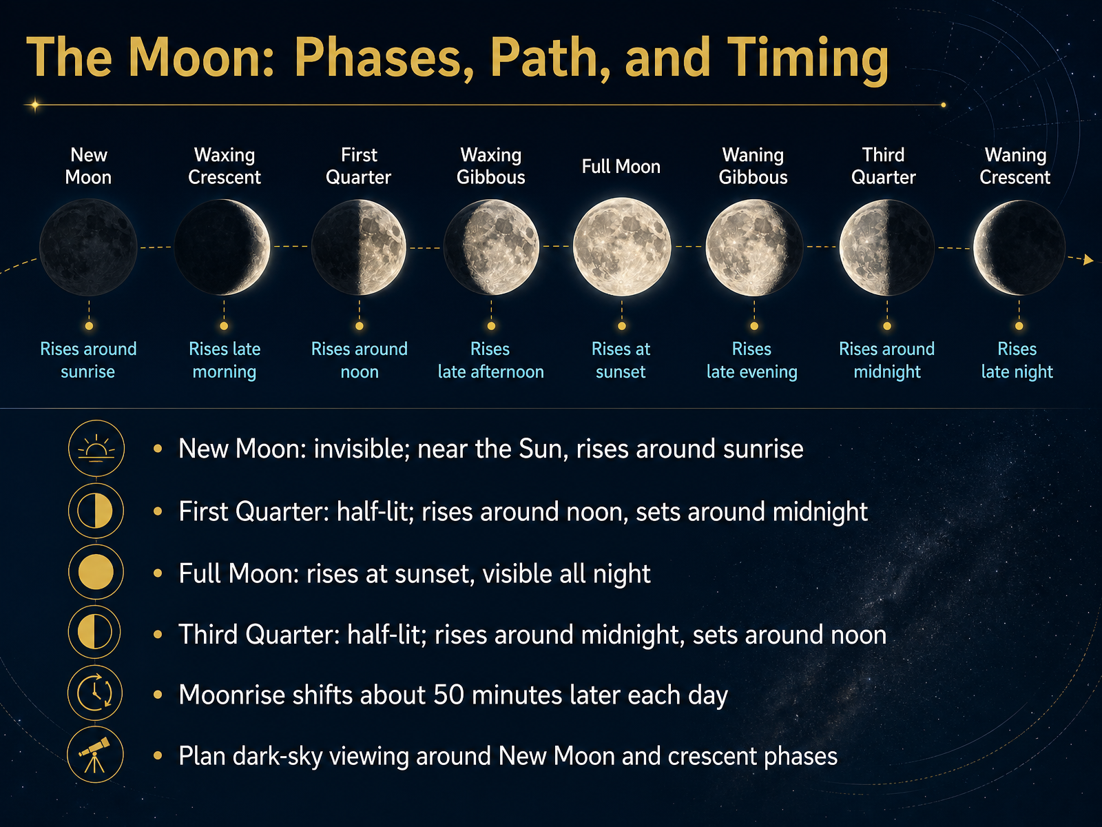 The Moon: Phases, Path, and Timing