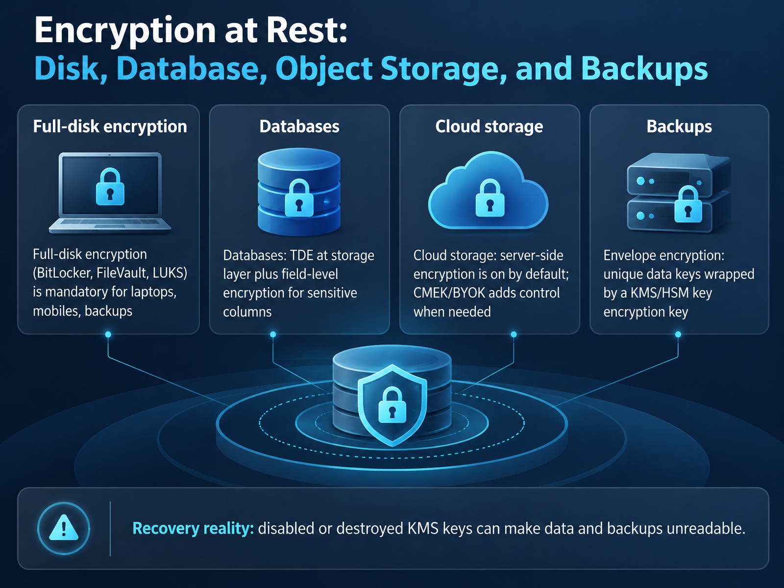 Encryption at Rest: Disk, Database, Object Storage, and Backups