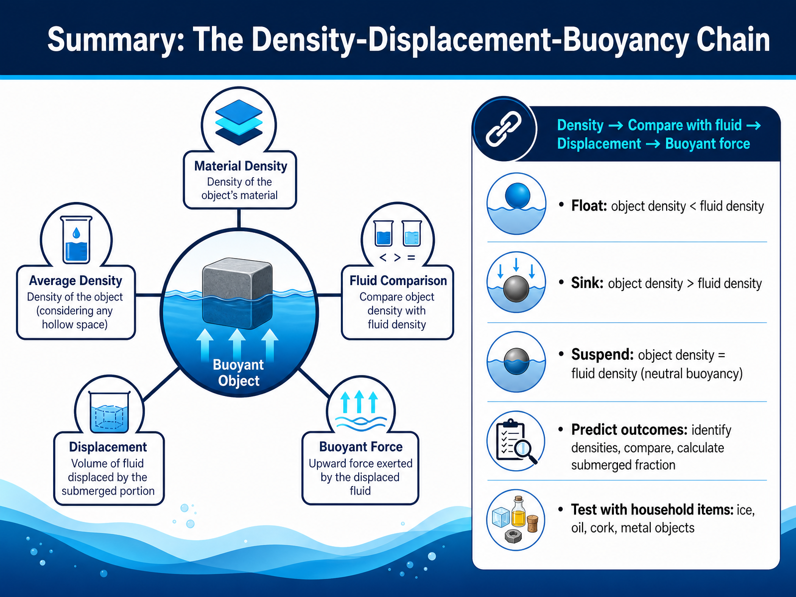Summary: The Density-Displacement-Buoyancy Chain