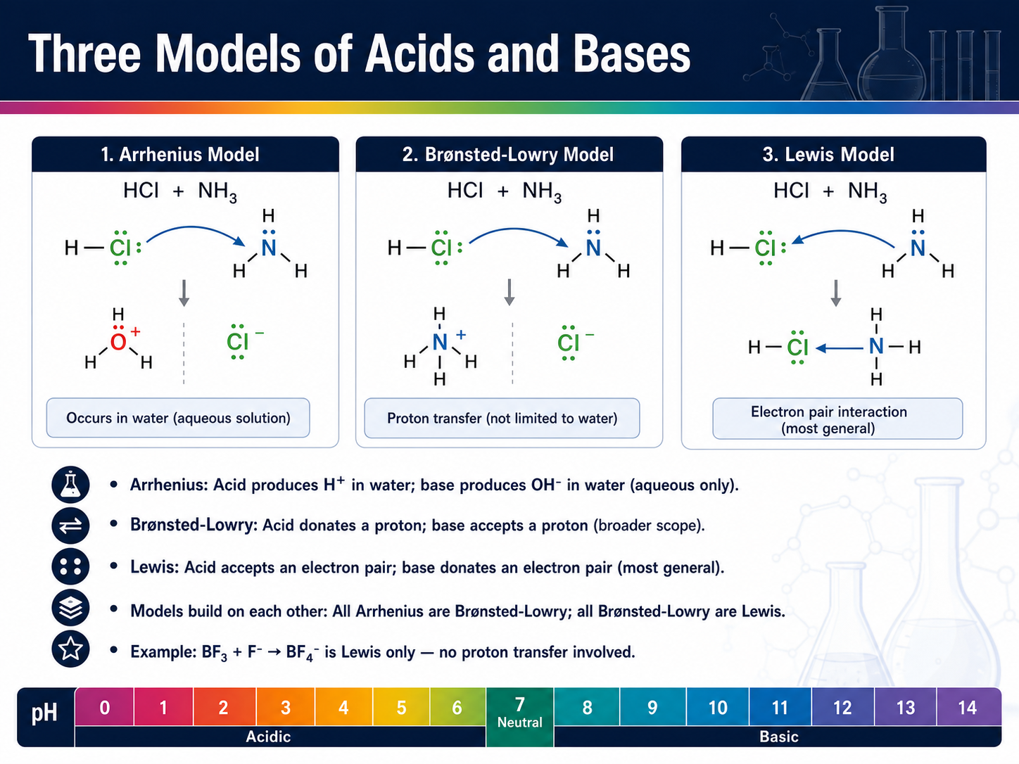 Three Models of Acids and Bases