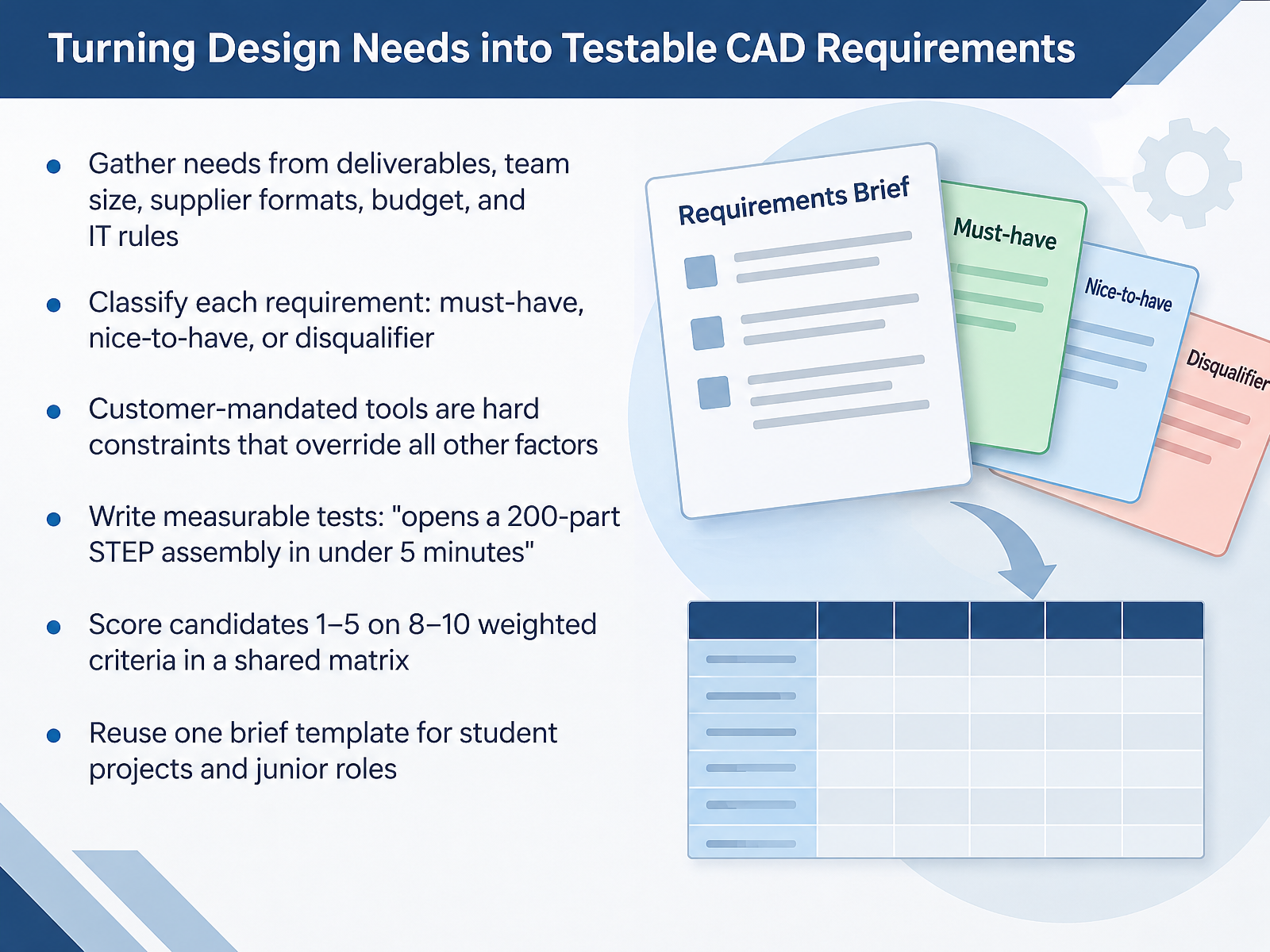 Turning Design Needs into Testable CAD Requirements