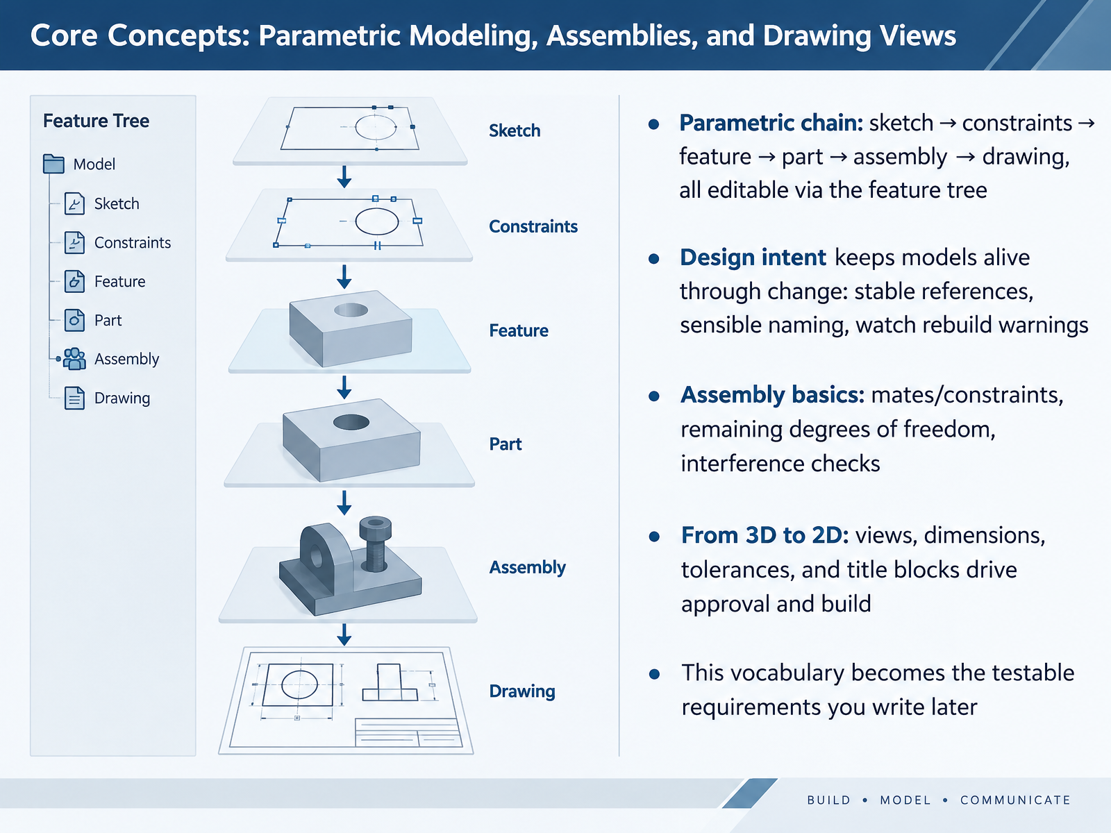 Core Concepts: Parametric Modeling, Assemblies, and Drawing Views