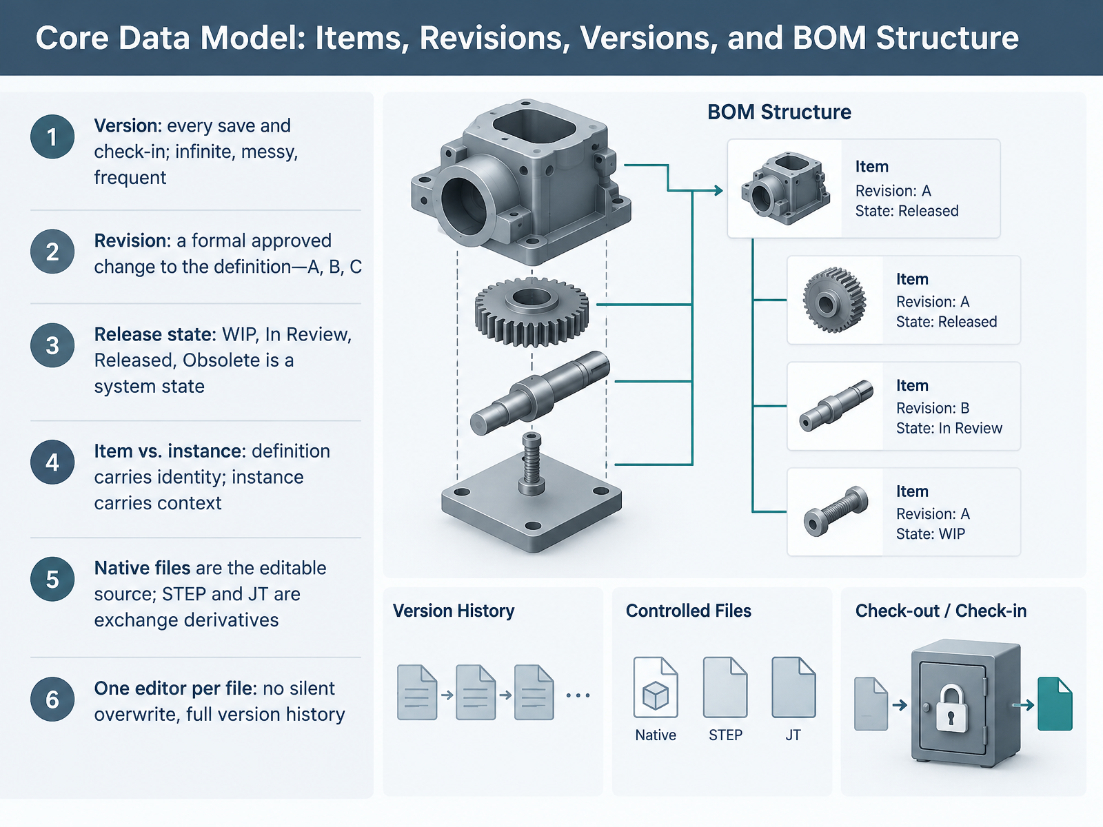 Core Data Model: Items, Revisions, Versions, and BOM Structure