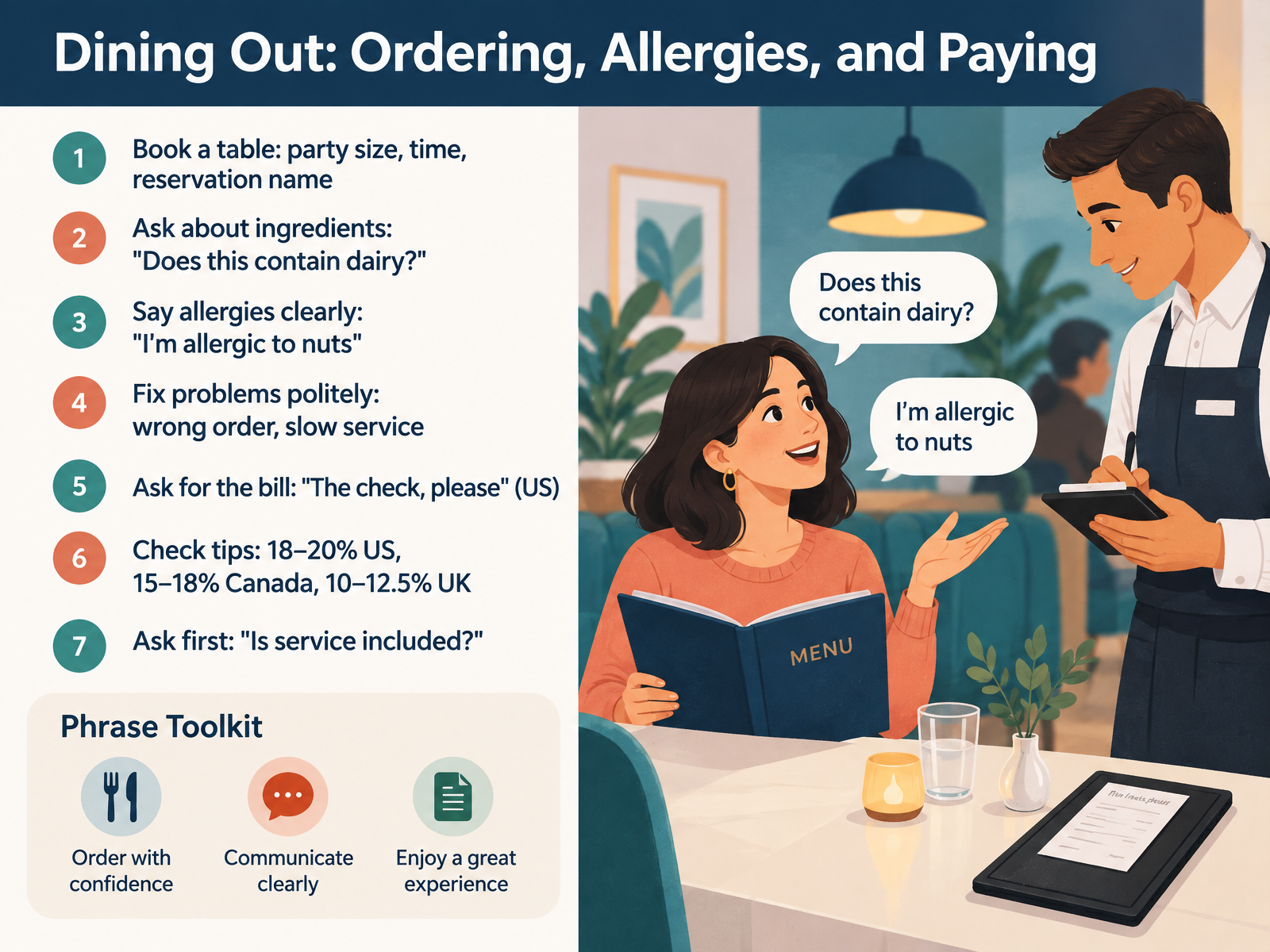 Dining Out: Ordering, Allergies, and Paying