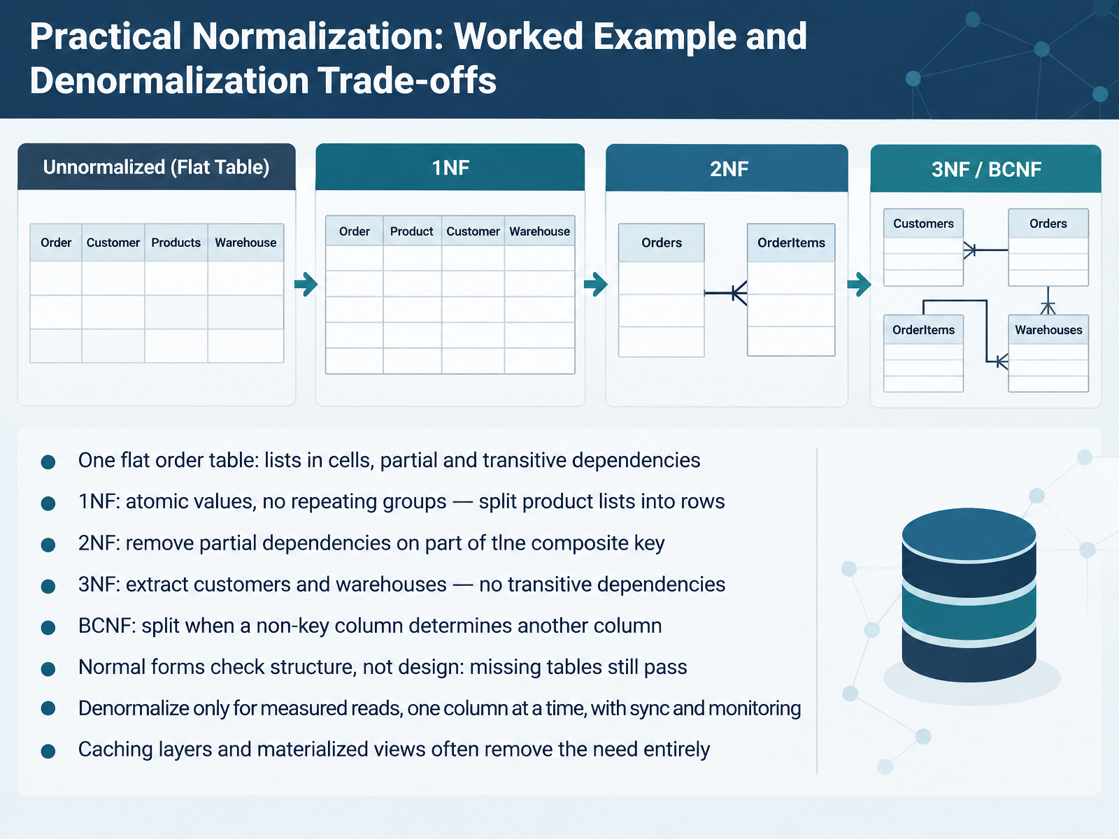 Practical Normalization: Worked Example and Denormalization Trade-offs