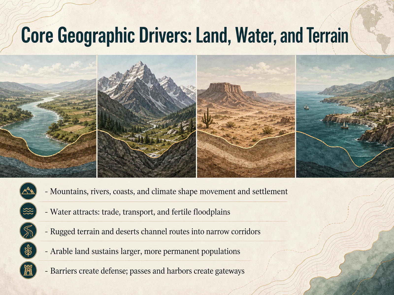 Core Geographic Drivers: Land, Water, and Terrain