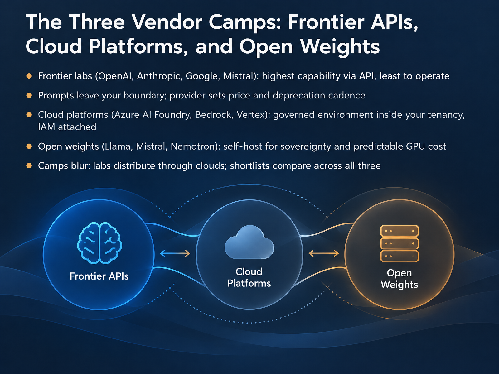 The Three Vendor Camps: Frontier APIs, Cloud Platforms, and Open Weights