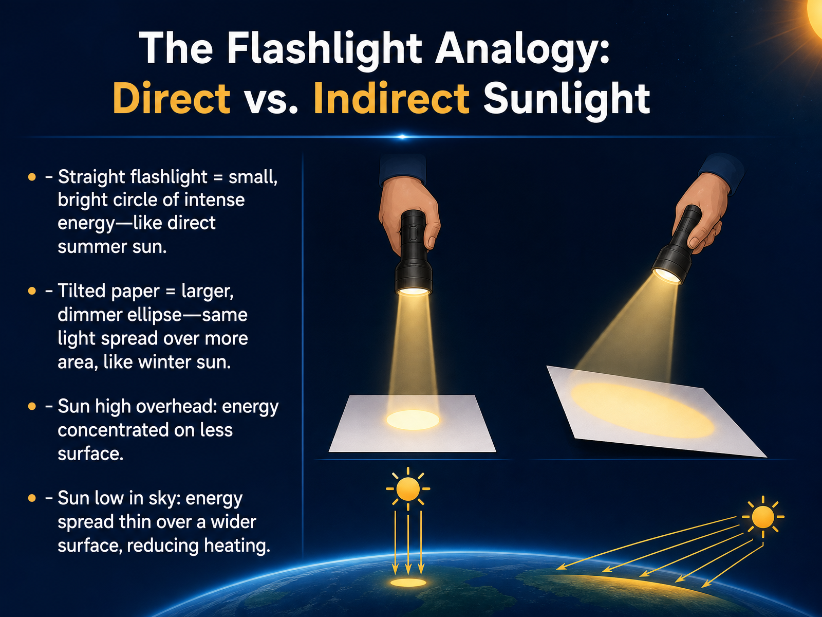 The Flashlight Analogy: Direct vs. Indirect Sunlight