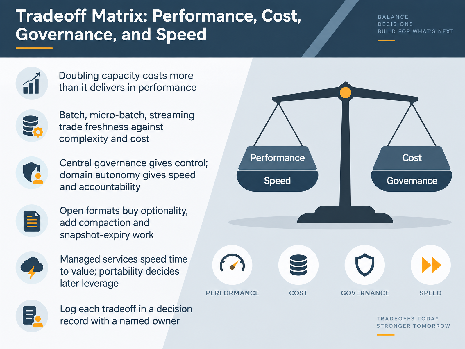 Tradeoff Matrix: Performance, Cost, Governance, and Speed