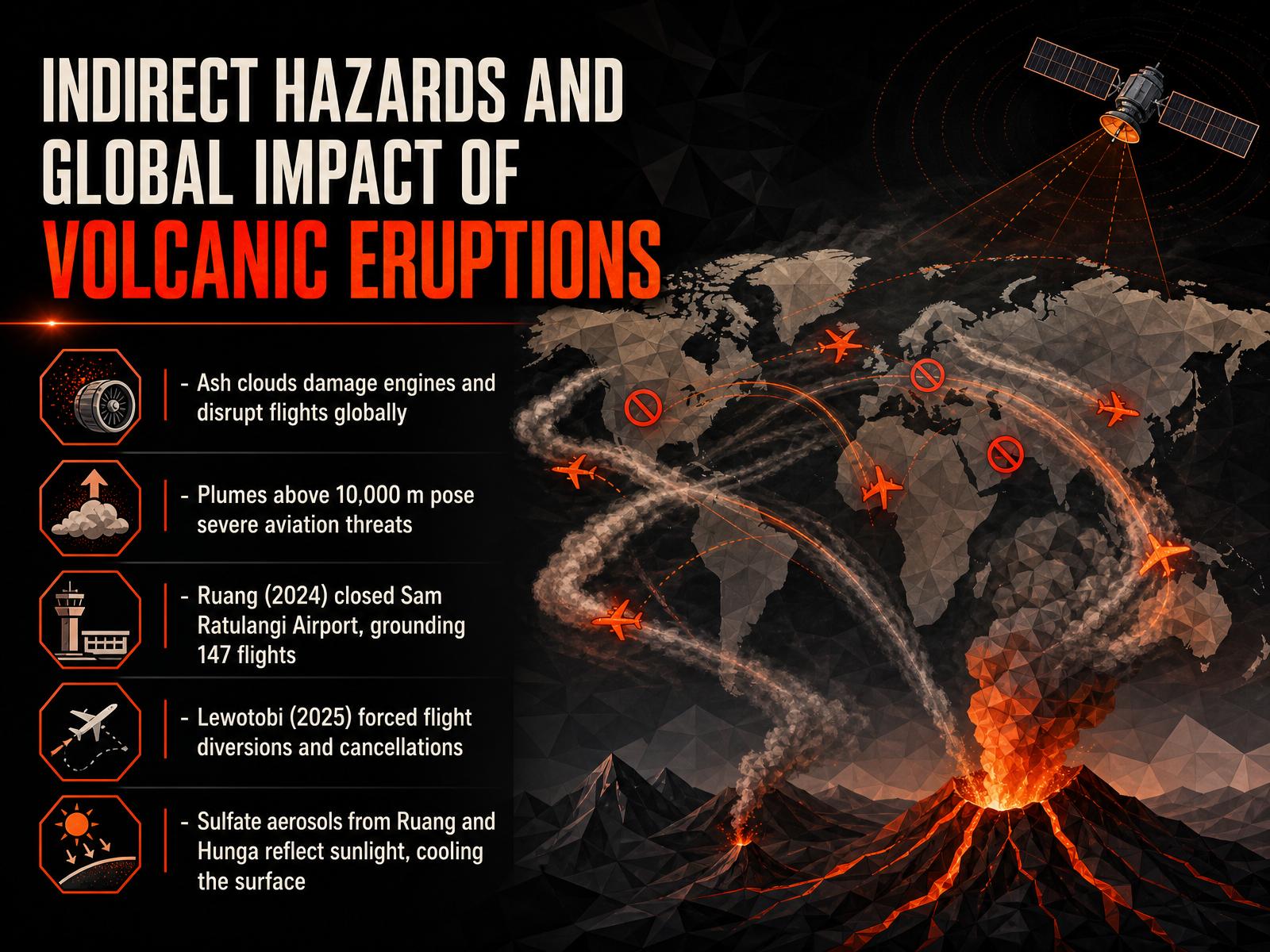 Indirect Hazards and Global Impact of Volcanic Eruptions