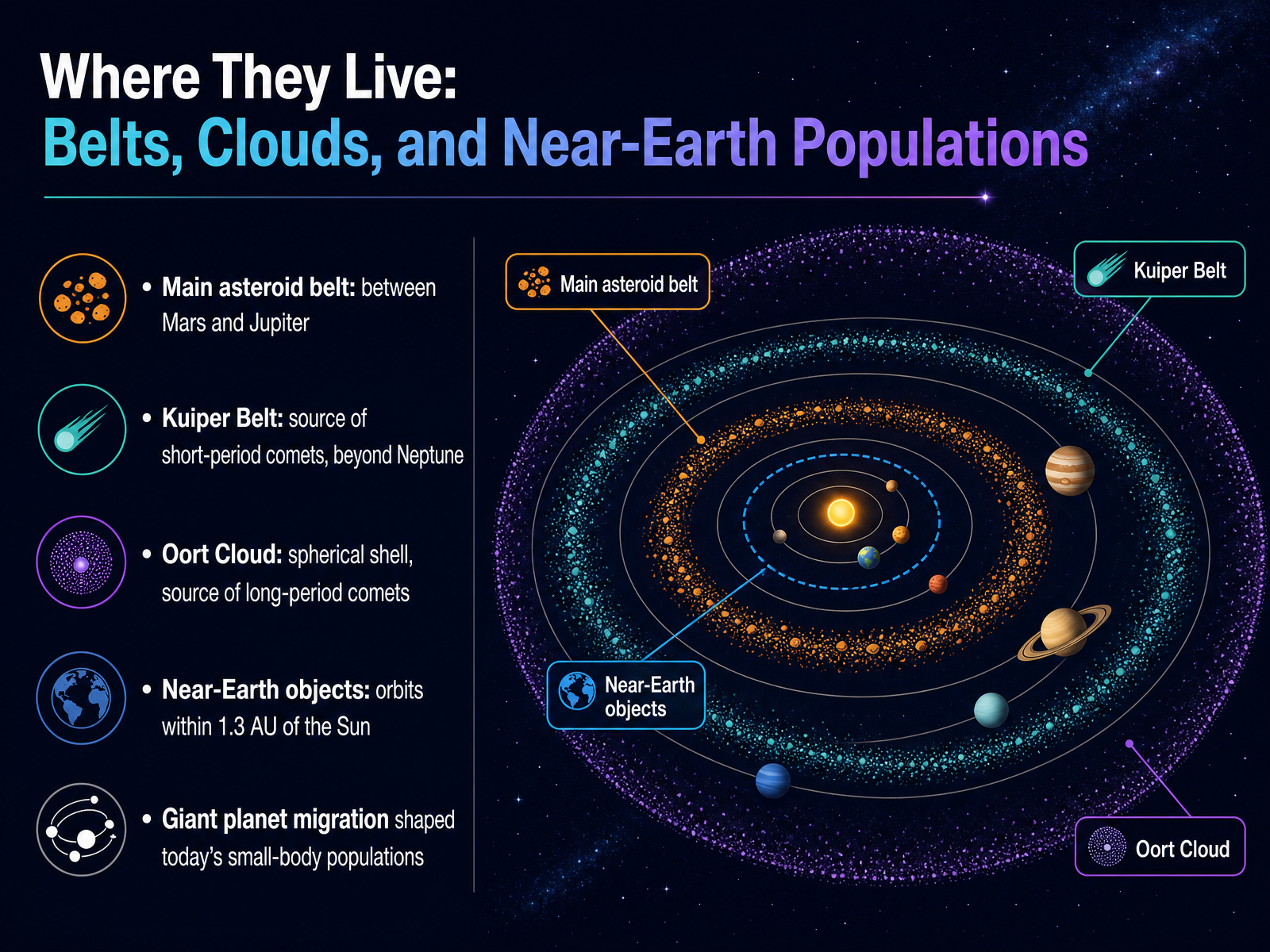Where They Live: Belts, Clouds, and Near-Earth Populations