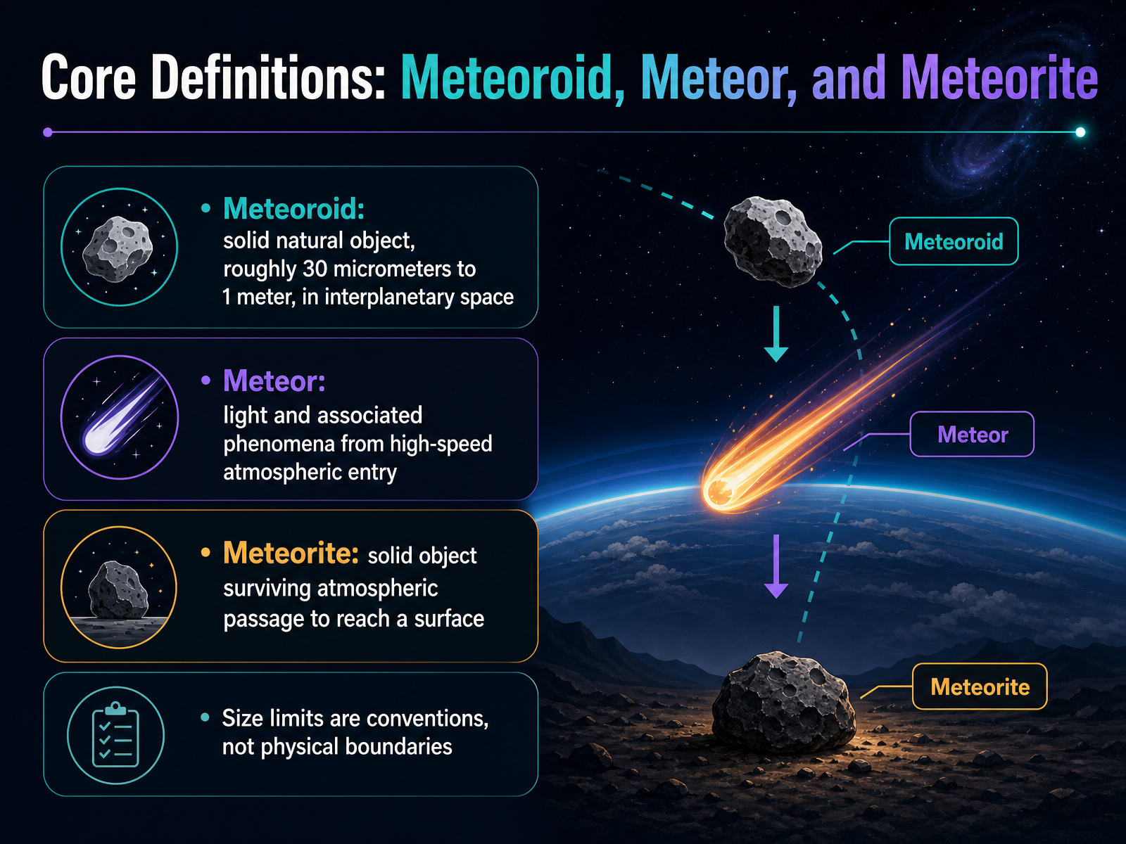Core Definitions: Meteoroid, Meteor, and Meteorite