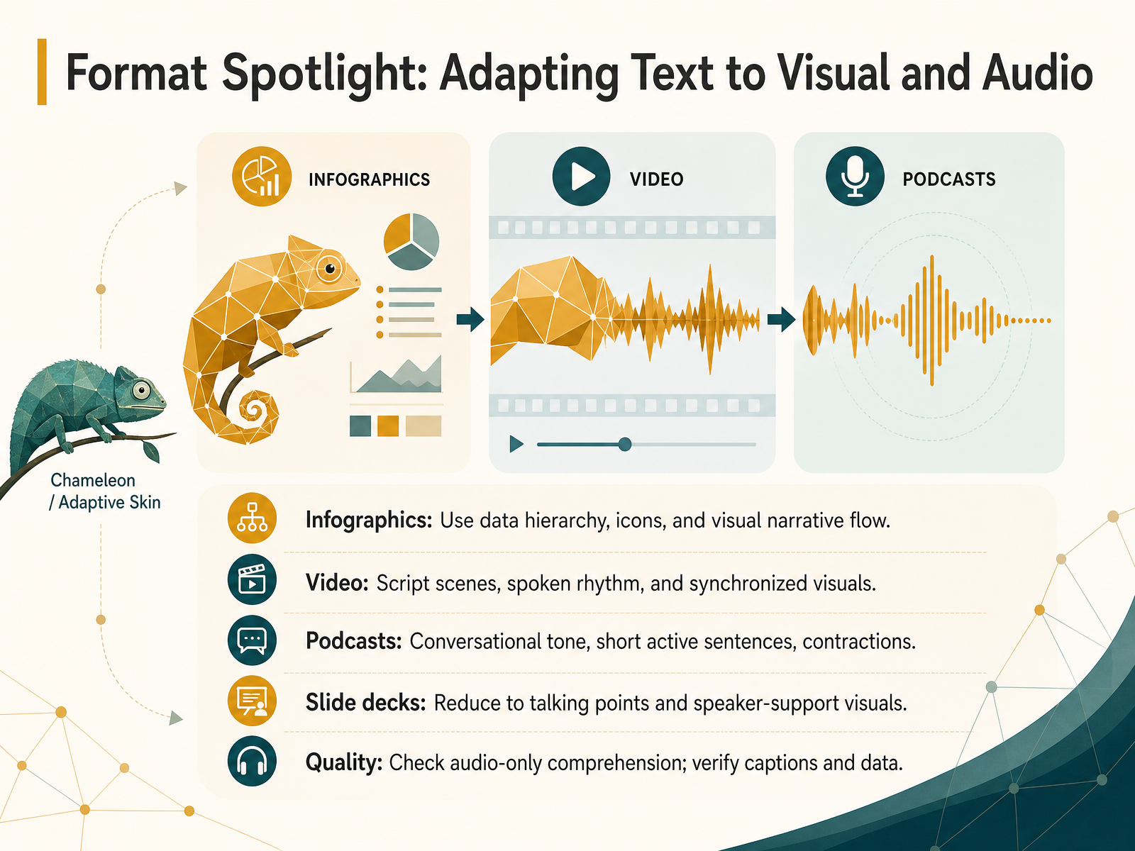 Format Spotlight: Adapting Text to Visual and Audio