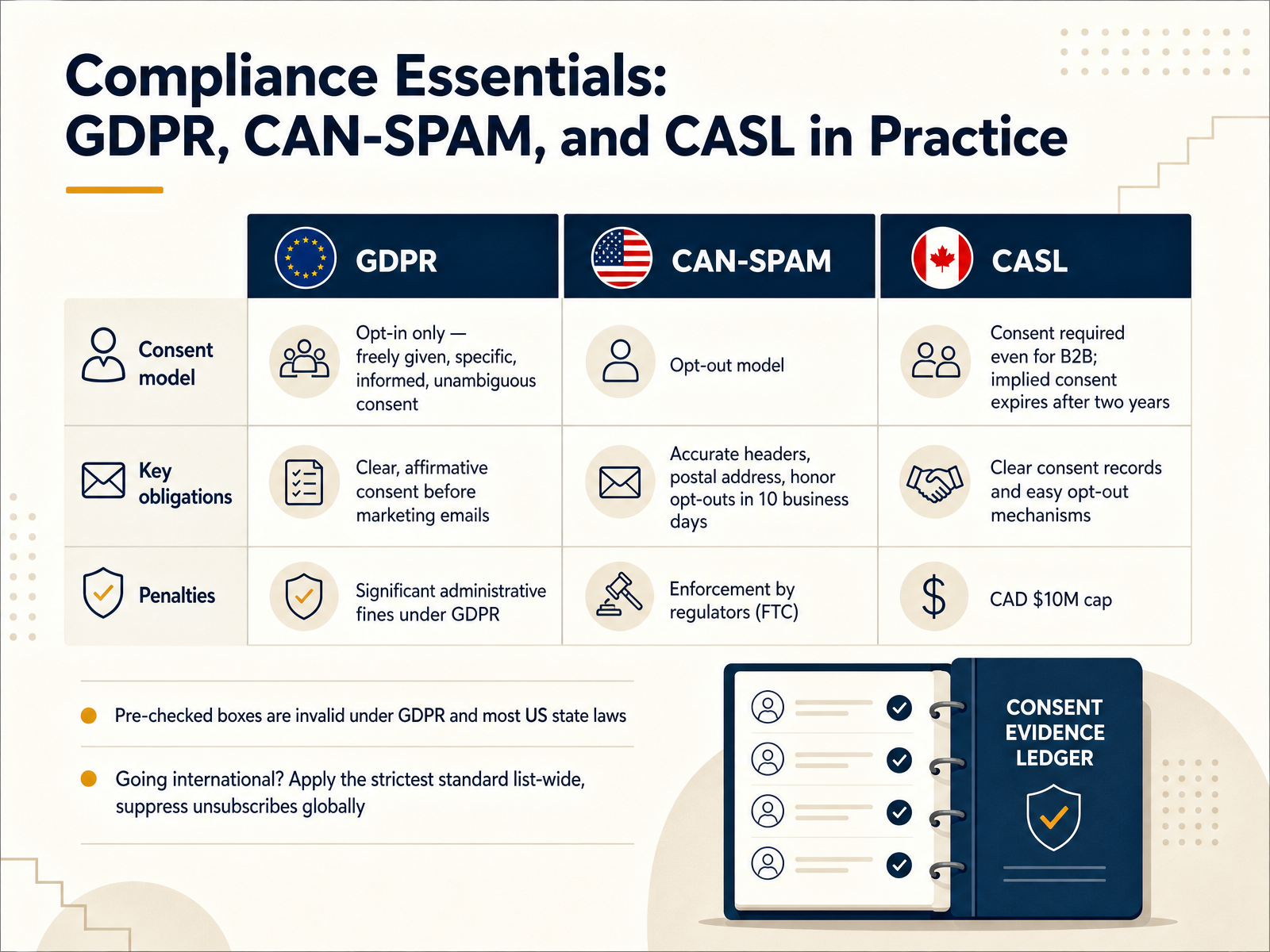 Compliance Essentials: GDPR, CAN-SPAM, and CASL in Practice
