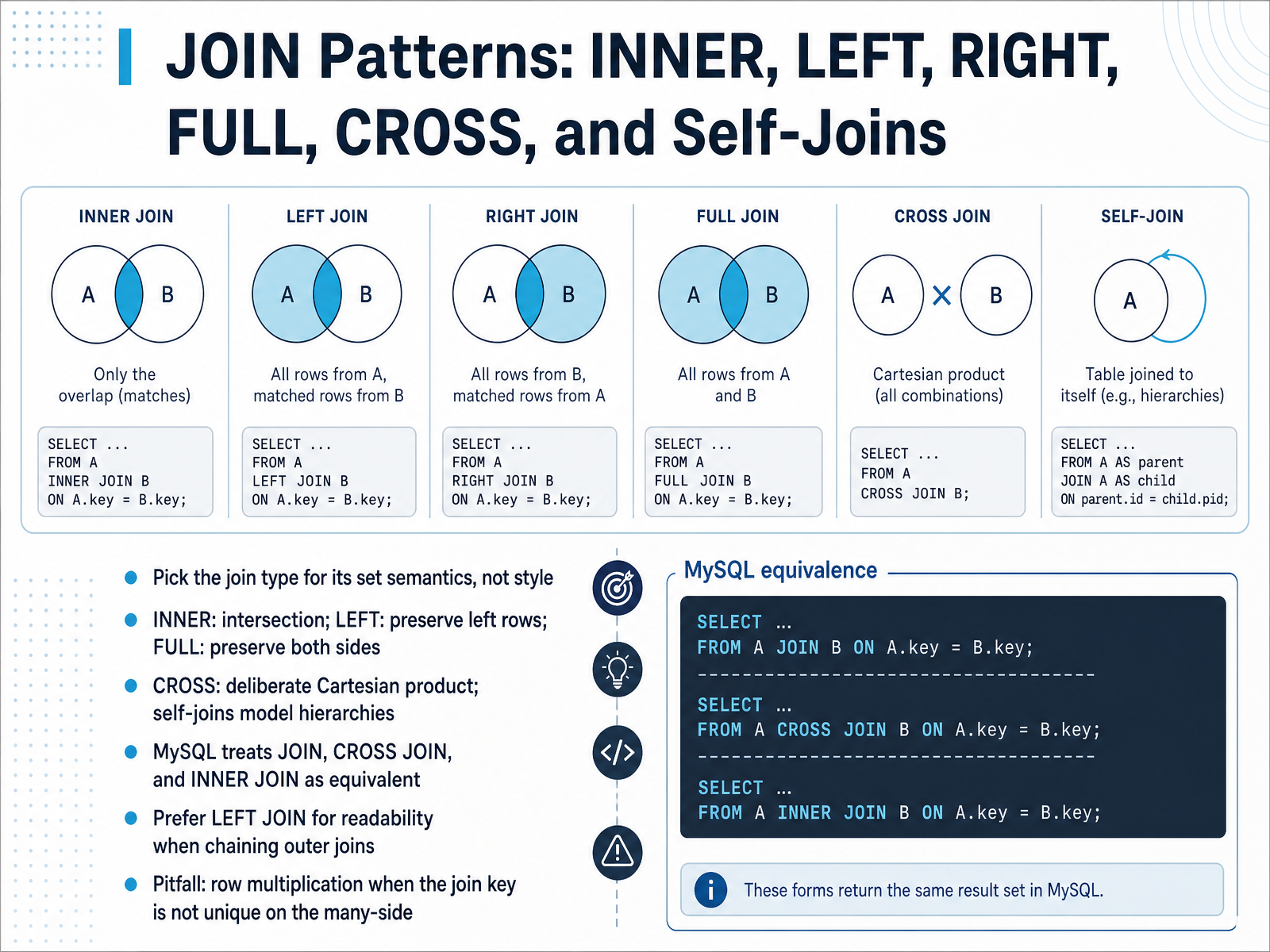 JOIN Patterns: INNER, LEFT, RIGHT, FULL, CROSS, and Self-Joins