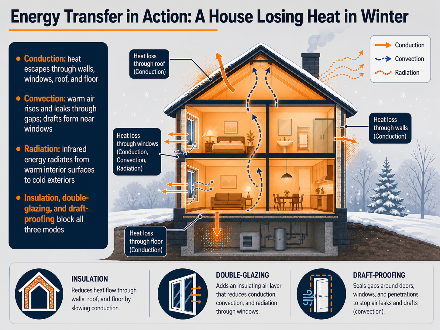 Energy Transfer in Action: A House Losing Heat in Winter