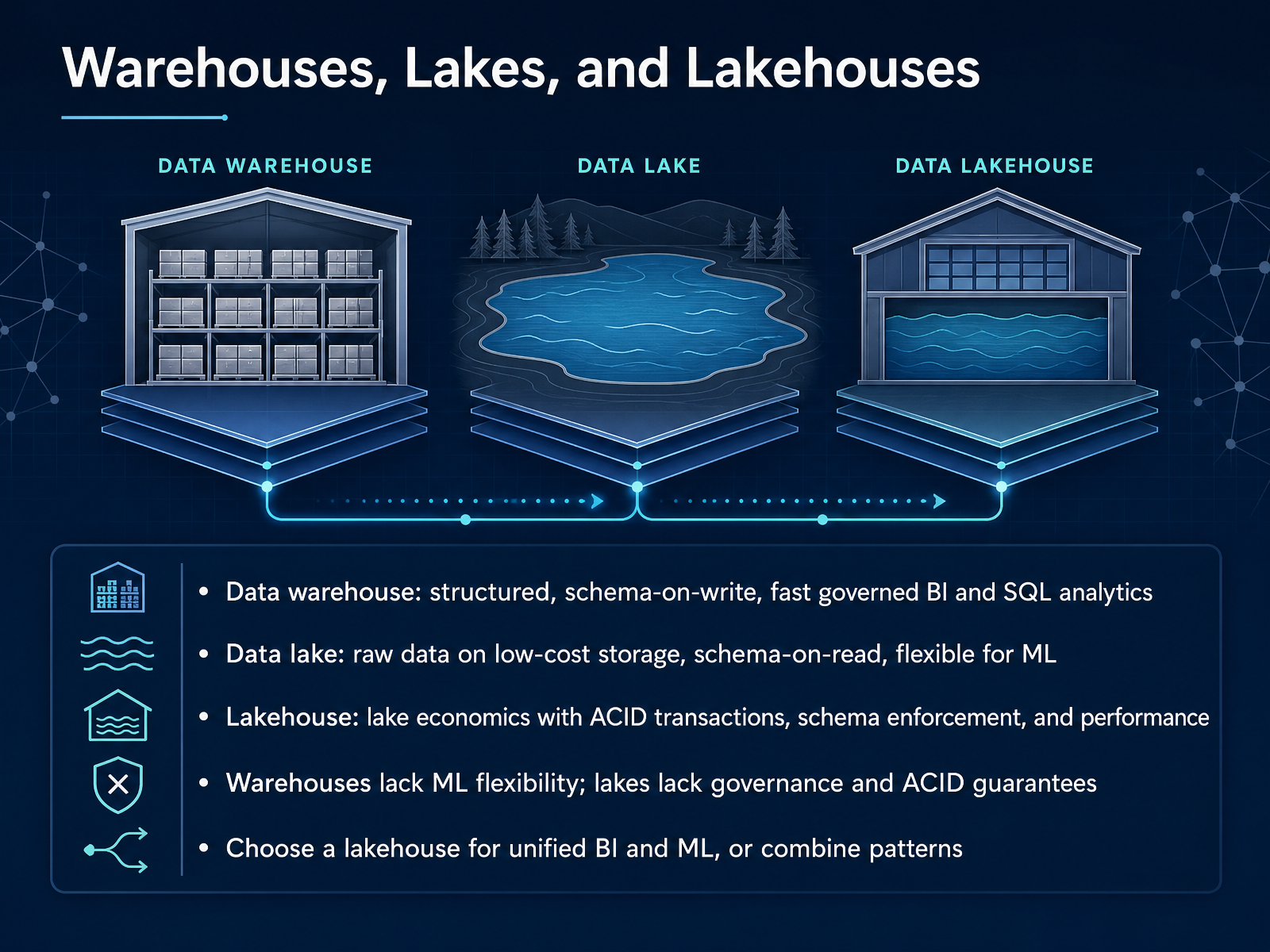 Warehouses, Lakes, and Lakehouses
