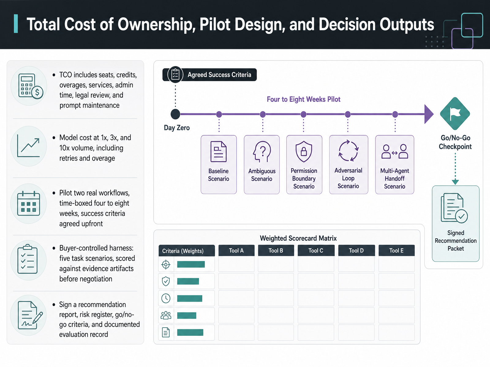 Total Cost of Ownership, Pilot Design, and Decision Outputs