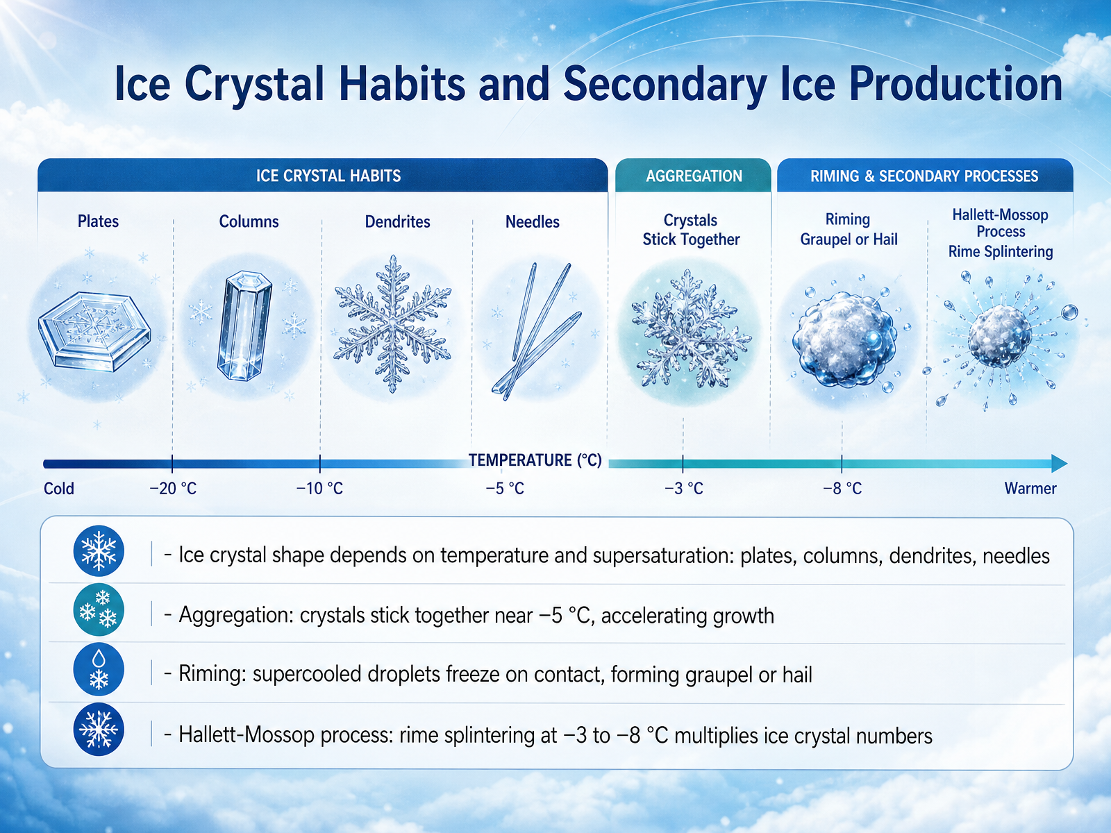 Ice Crystal Habits and Secondary Ice Production