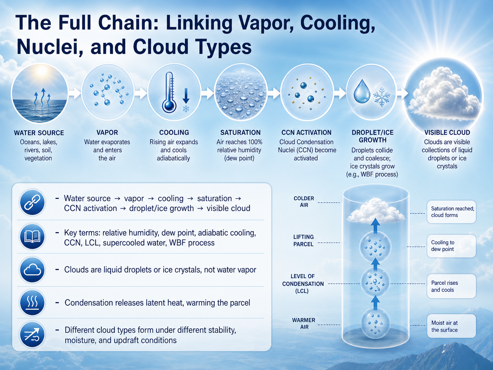 The Full Chain: Linking Vapor, Cooling, Nuclei, and Cloud Types