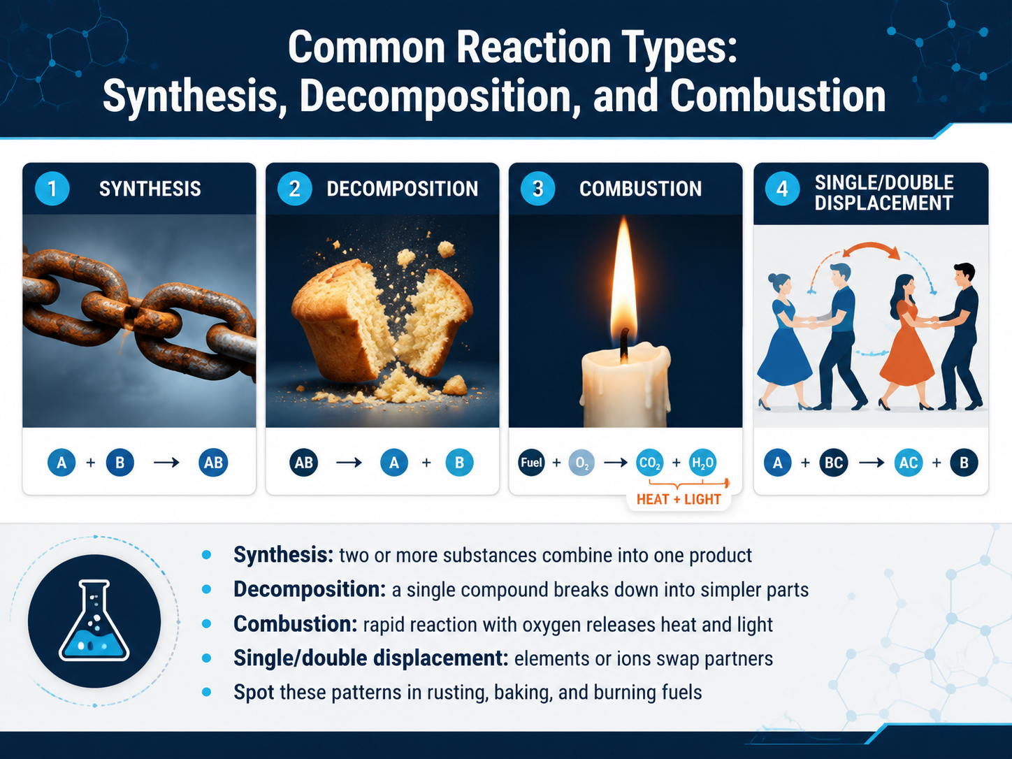 Common Reaction Types: Synthesis, Decomposition, and Combustion