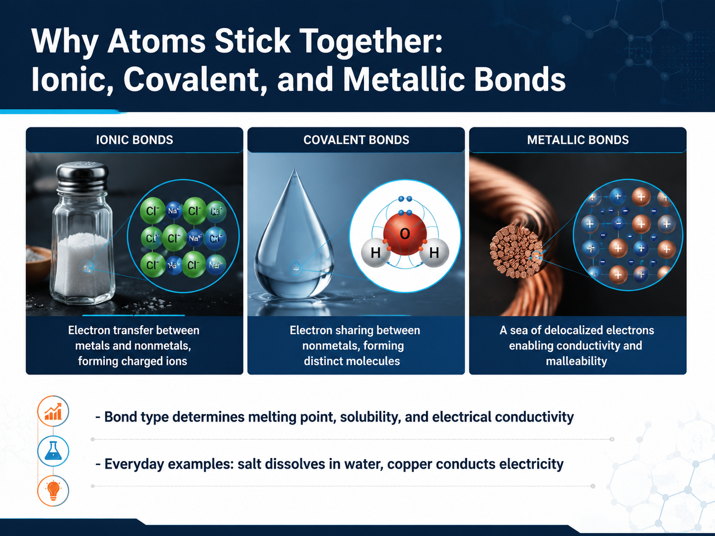 Why Atoms Stick Together: Ionic, Covalent, and Metallic Bonds